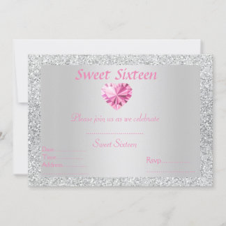 Sweet 16 silver sparkle pink diamond invitation