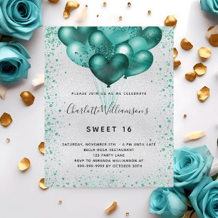 Sweet 16 silver teal glitter budget invitation flyer