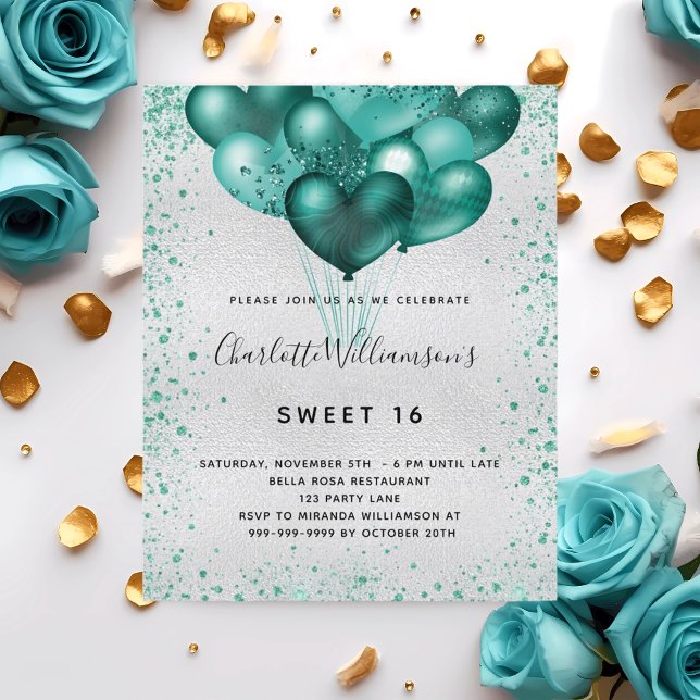Sweet 16 silver teal glitter budget invitation flyer (Creator Uploaded)