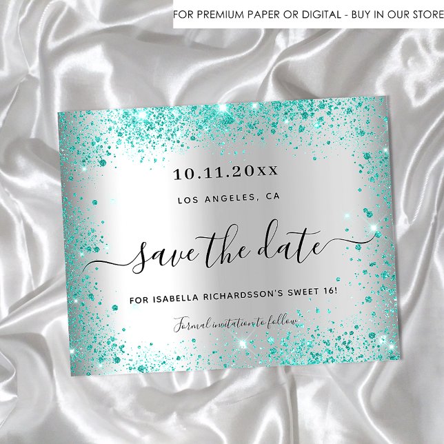 Sweet 16 silver teal glitter budget save the date flyer (Creator Uploaded)