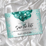 Sweet 16 silver teal green glitter balloons save the date<br><div class="desc">A girly and trendy Save the Date for a Sweet 16,  16th birthday party. A faux silver looking background decorated with teal,  green faux glitter,  sparkles and balloons. Personalise and add a date and name/age. The text: Save the Date is written with a large trendy hand lettered style script.</div>