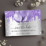 Sweet 16 silver violet balloons save the date announcement postcard<br><div class="desc">A faux silver looking background decorated with violet,  lavender coloured faux glitter and balloons.  Personalise and add a date and name/age. The text: Save the Date is written with a large trendy hand lettered style script.</div>