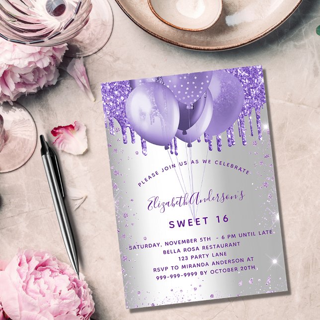 Sweet 16 silver violet glitter balloons  invitation postcard (Creator Uploaded)