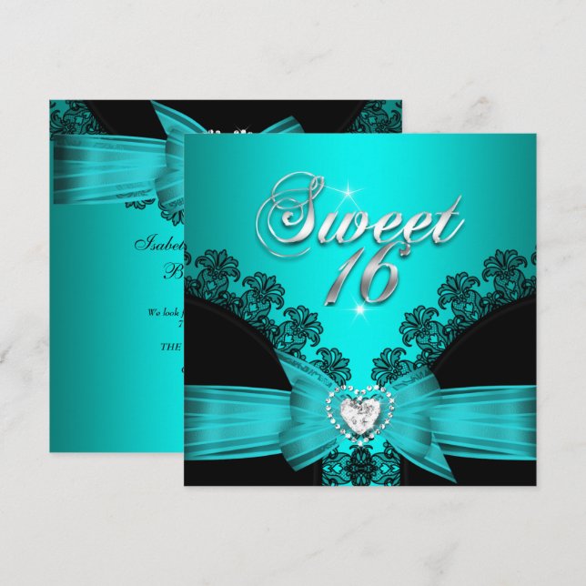 Sweet 16 Sixteen Aqua Blue Black Lace Invitation (Front/Back)