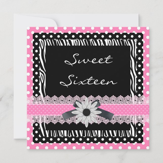 Sweet 16 Sixteen Birthday Black White Pink Zebra Invitation (Front)