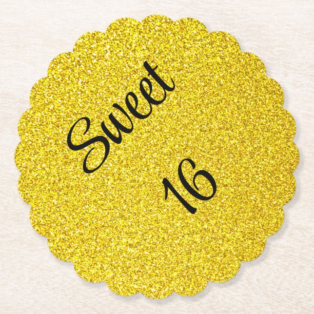 Sweet 16 Sixteen Birthday Party Gold Glitter Paper Coaster (Front)