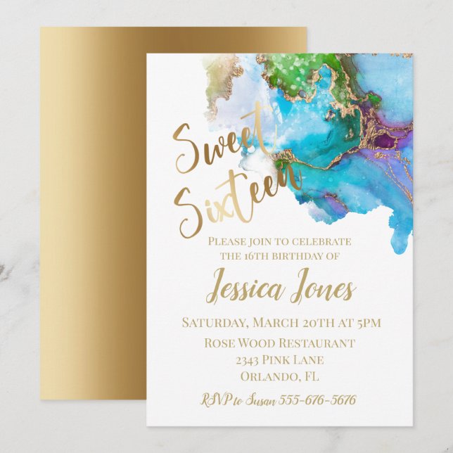 Sweet 16 Sixteen Birthday Party Gold Watercolor Invitation (Front/Back)