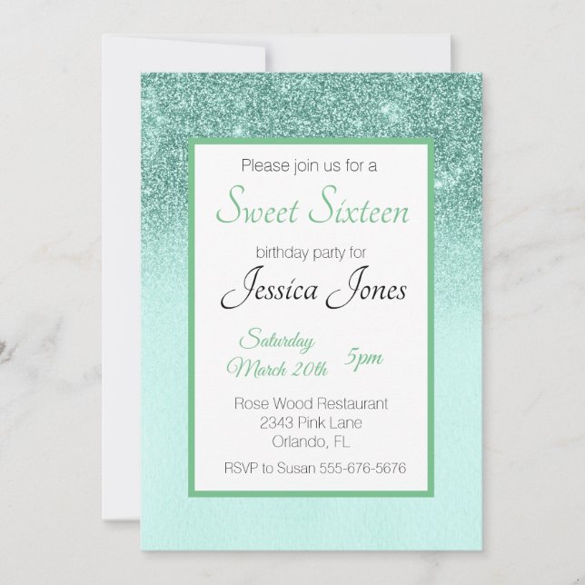 Sweet 16 Sixteen Birthday Party Mint Green Glitter Invitation (Front)