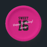 Sweet 16 Sixteen Birthday party pink black plates<br><div class="desc">Sweet 16 Sixteen Birthday party neon pink and black plates. Disposable party supplies for girls sixteenth Birthday. Personalizable congratulations message and name of child.</div>