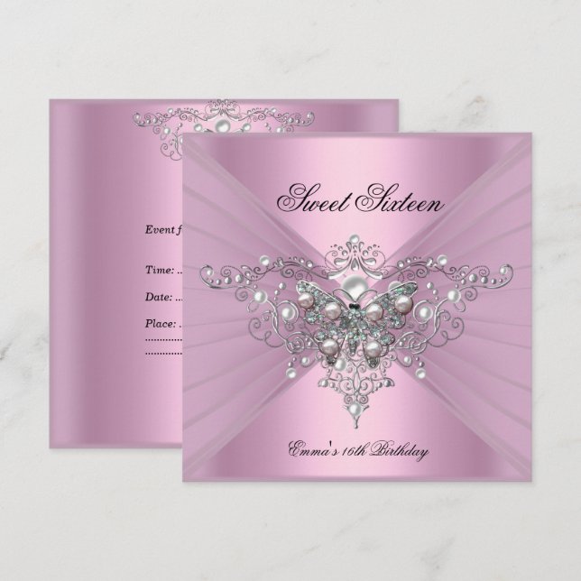 Sweet 16 Sixteen Birthday Party Pink Butterfly Invitation (Front/Back)