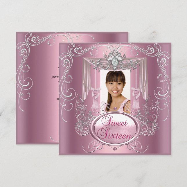 Sweet 16 Sixteen Birthday Party Pink Silver Star Invitation (Front/Back)