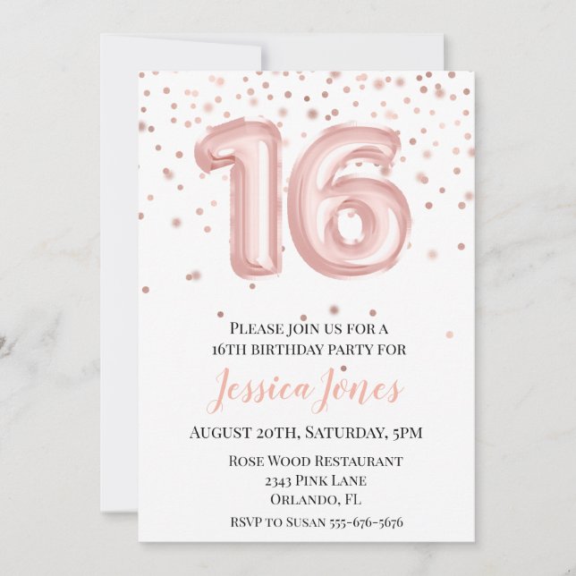 Sweet 16 Sixteen Birthday Party Rose Gold Balloons Invitation (Front)