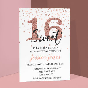Sweet 16 Sixteen Birthday Party Rose Gold Glitter Invitation