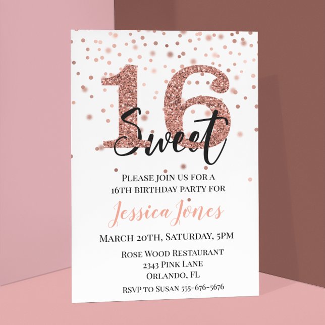 Sweet 16 Sixteen Birthday Party Rose Gold Glitter Invitation (Creator Uploaded)