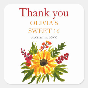 Sweet 16 Sixteen Birthday Party Sunflower Country Square Sticker