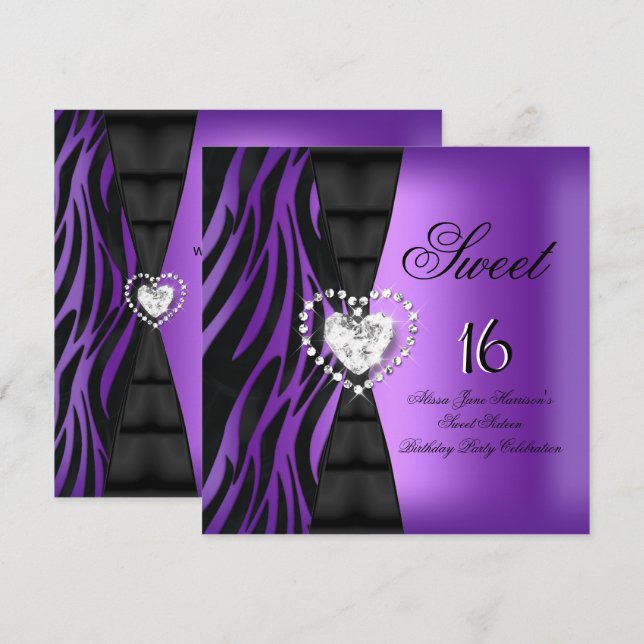 Sweet 16 Sixteen Birthday Party Zebra Purple Invitation (Front/Back)
