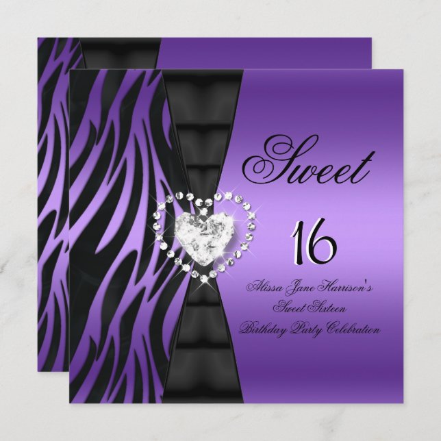 Sweet 16 Sixteen Birthday Party Zebra Purple Invitation (Front/Back)
