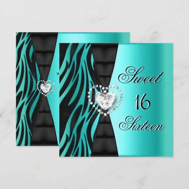 Sweet 16 Sixteen Birthday Party Zebra Teal Blue Invitation (Front/Back)