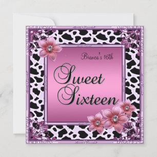 Sweet 16 Sixteen Birthday Pink Flower Pink Black Invitation