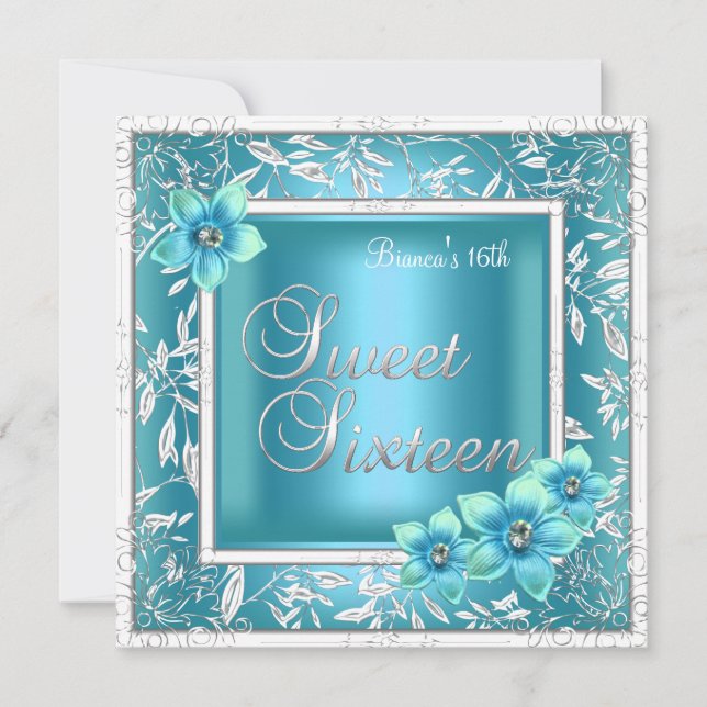 Sweet 16 Sixteen Birthday Teal Blue Flower Silver Invitation (Front)
