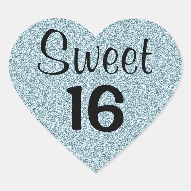 Sweet 16 Sixteen Black Blue Silver Glitter Sparkle Heart Sticker (Front)
