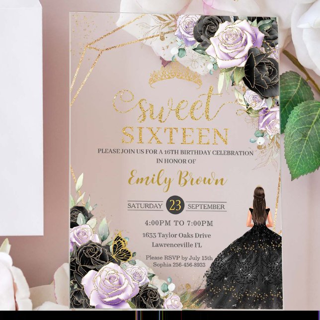 Sweet 16 Sixteen Black Dress Lilac Floral Gold Acrylic Invitations (Creator Uploaded)