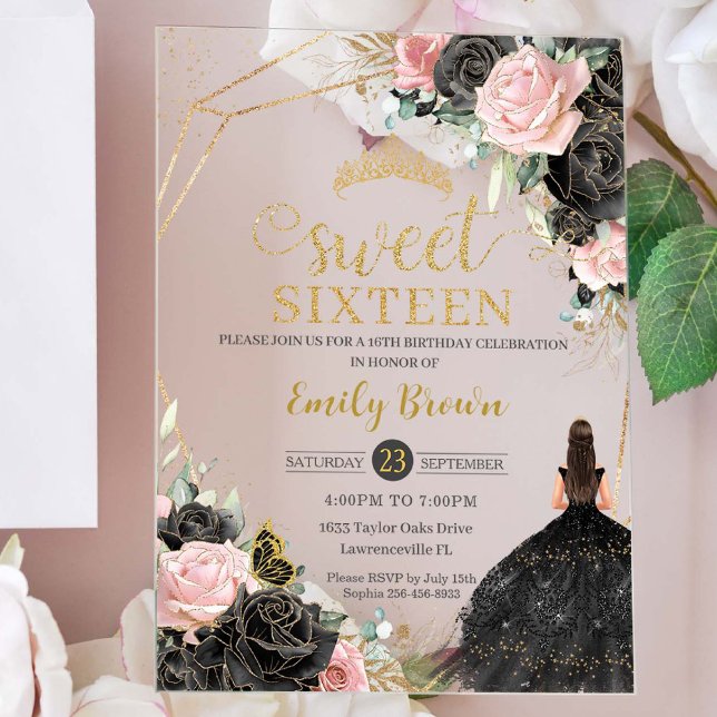 Sweet 16 Sixteen Black Dress Pink Floral Gold Acrylic Invitations (Creator Uploaded)