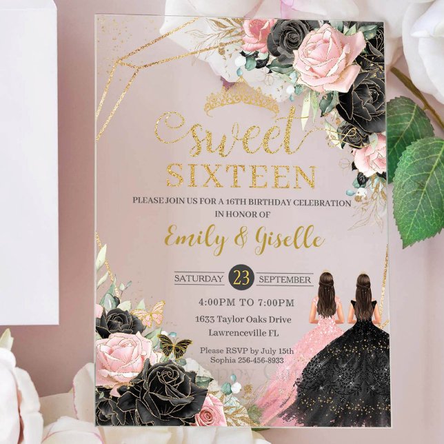Sweet 16 Sixteen Black Dress Pink Floral Gold Twin Acrylic Invitations (Creator Uploaded)