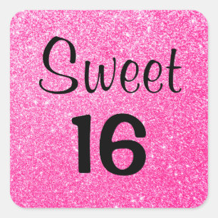 Sweet 16 Sixteen Black & Hot Pink Glitter Sparkle Square Sticker