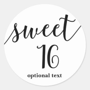 SWEET 16 sixteen Black Script Type Party Favour Classic Round Sticker