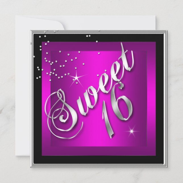 Sweet 16 Sixteen Black SILVER Hot PINK Invitation (Front)