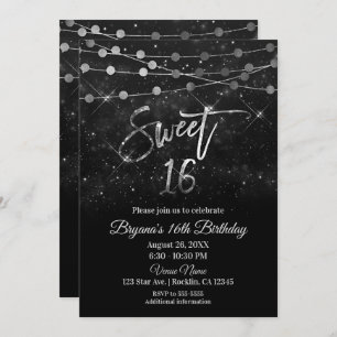 Sweet 16 Sixteen Black & Silver Sparkle Lights Invitation