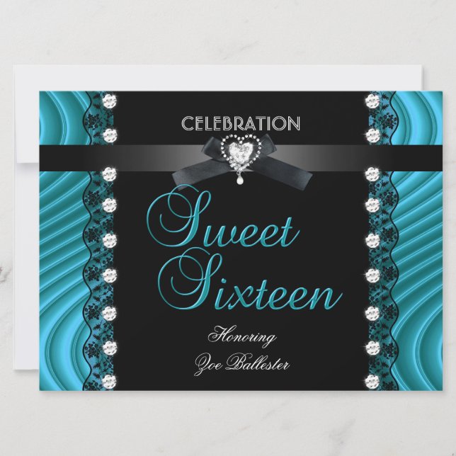 Sweet 16 Sixteen Black Teal Blue White Lace Invitation (Front)