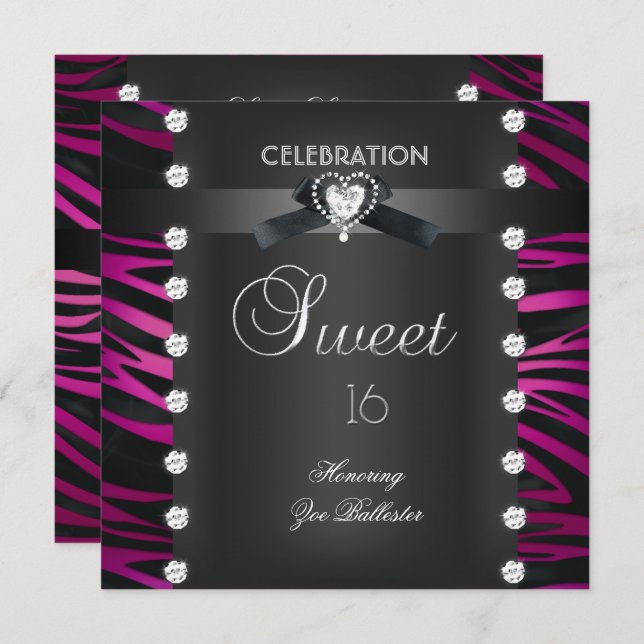 Sweet 16 Sixteen Black Tie Pink White Zebra Invitation (Front/Back)