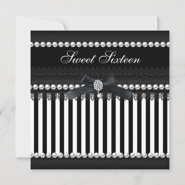 Sweet 16 Sixteen Black White Stripe Pearl Lace Invitation (Front)