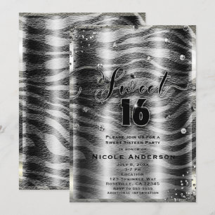 SWEET 16 Sixteen Black White Zebra & Silver Bling Invitation