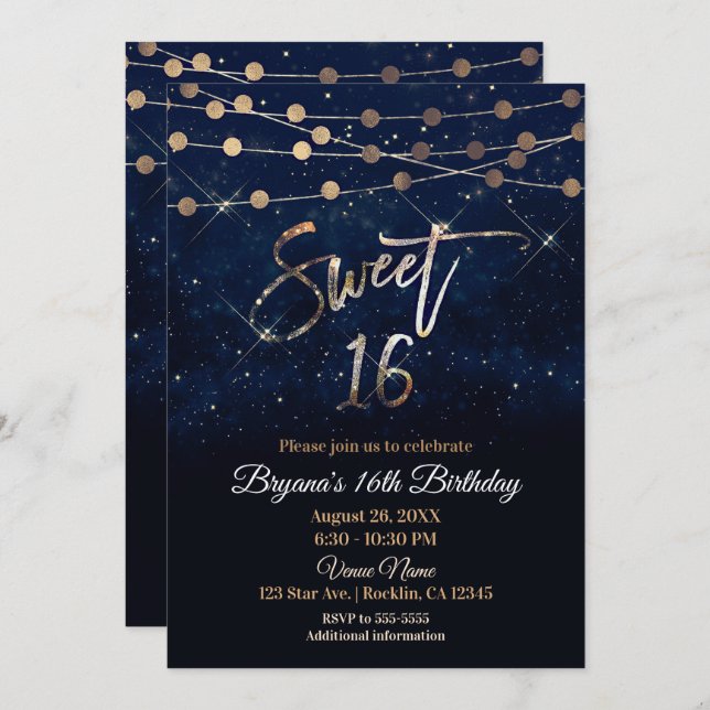 Sweet 16 Sixteen Blue & Gold Sparkle Lights Invitation (Front/Back)