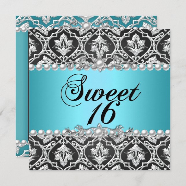 Sweet 16 Sixteen Blue Teal Aqua Black Silver Invitation (Front/Back)