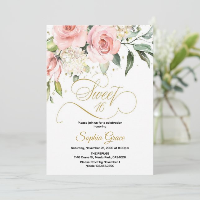 Sweet 16 Sixteen Blush Pink Floral Birthday Invitation (Standing Front)