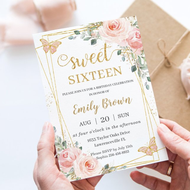 Sweet 16 Sixteen Blush Pink Floral Butterflies Invitation (Creator Uploaded)