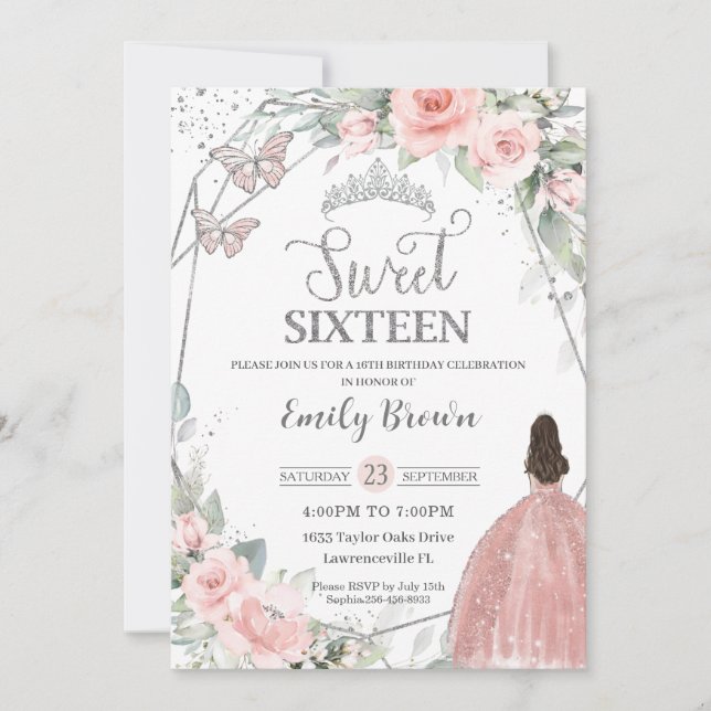 Sweet 16 Sixteen Blush Pink Floral Silver Birthday Invitation (Front)