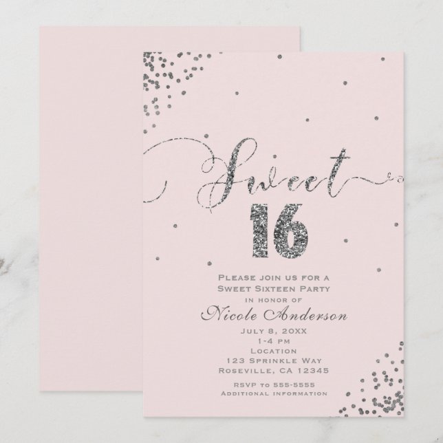 SWEET 16 Sixteen Blush Pink Silver Confetti Corner Invitation (Front/Back)