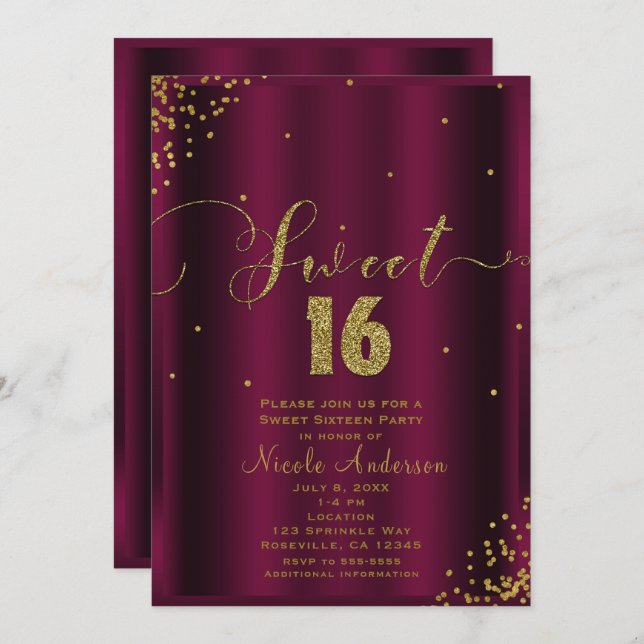 SWEET 16 Sixteen Burgundy & Gold Confetti Corners Invitation (Front/Back)