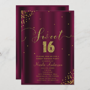SWEET 16 Sixteen Burgundy & Gold Confetti Corners Invitation