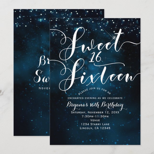 SWEET 16 Sixteen Celestial Starry Blue Sky Party Invitation (Front/Back)