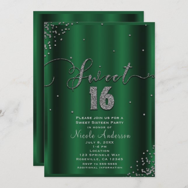 SWEET 16 Sixteen Emerald & Silver Confetti Corners Invitation (Front/Back)
