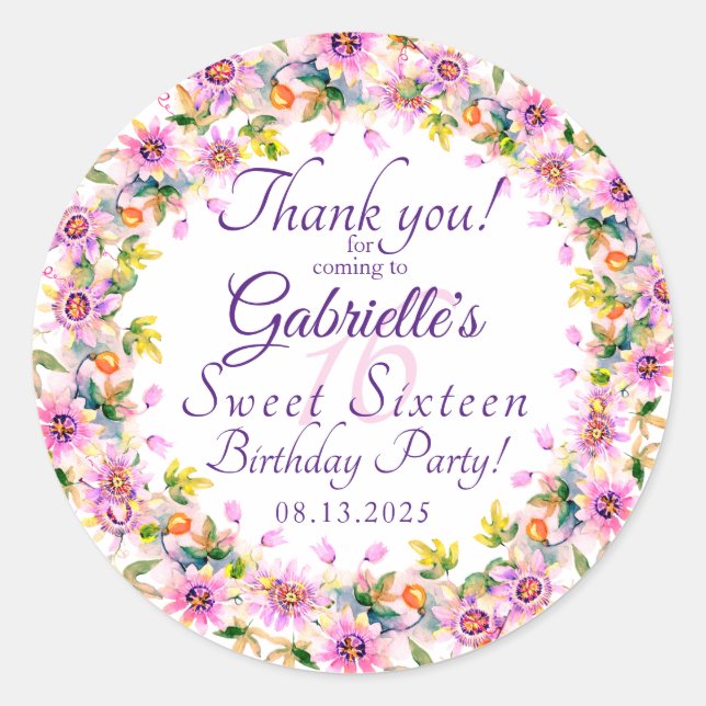 Sweet 16 Sixteen Floral Thank You Classic Round Sticker (Front)