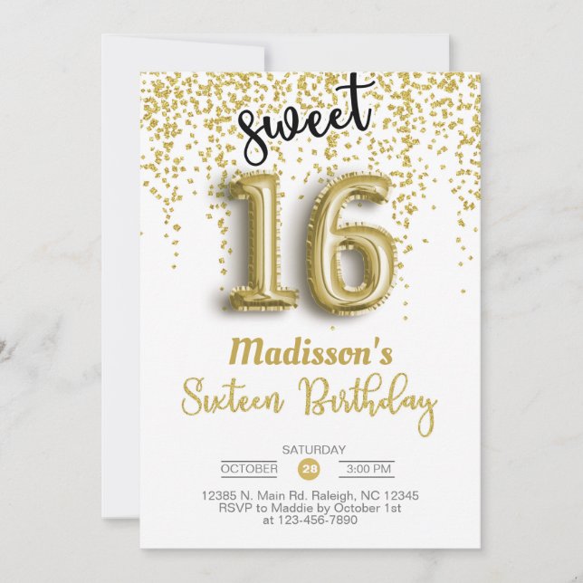 Sweet 16 sixteen gold balloon girl birthday invite (Front)