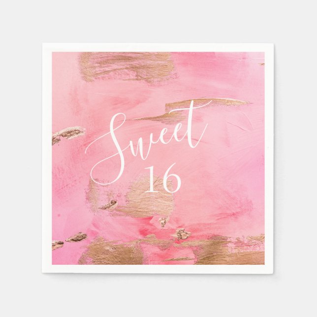 Sweet 16 Sixteen Gold Pink Abstract Watercolor Napkin (Front)