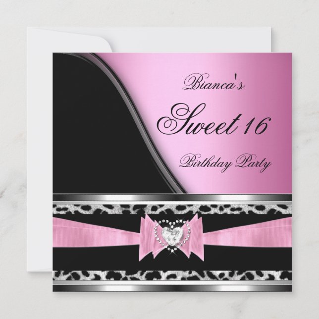 Sweet 16 Sixteen Leopard Black Pink Jewel Image Invitation (Front)